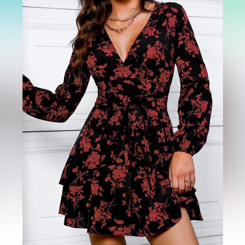 Floral Wrap Dress - Black and Red